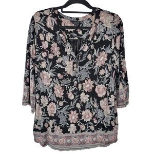 Lucky Brand Blouse 1X Womens Plus Size Multicolor Floral 3/4 Sleeve Pullover